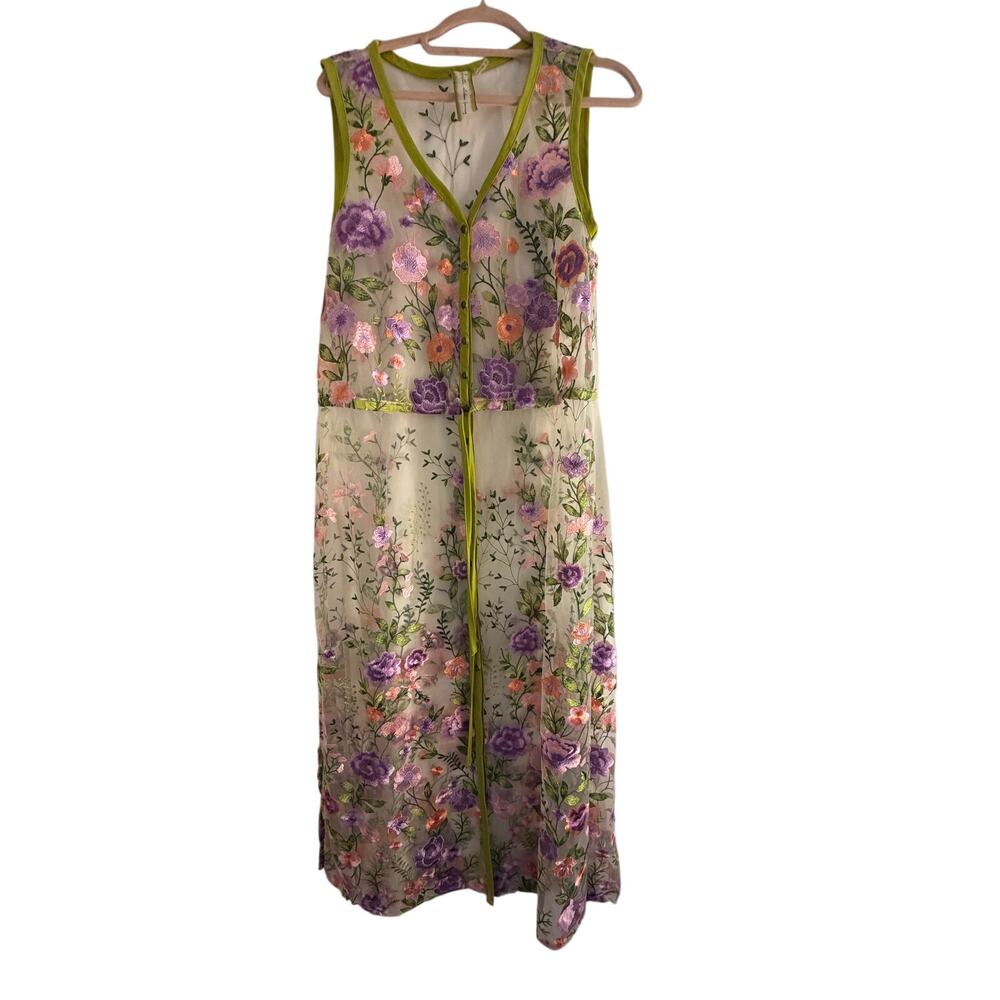 BNWOT Aratta Lavender Love embroidered sheer floral button-down maxi dress sz S